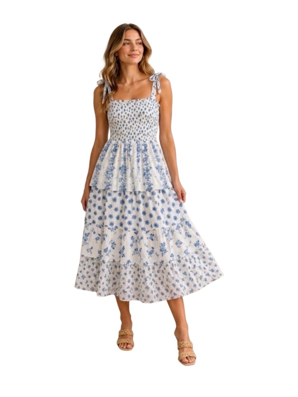 Crystal Doll White and Blue Floral Tiered Midi Dress with Tie Straps